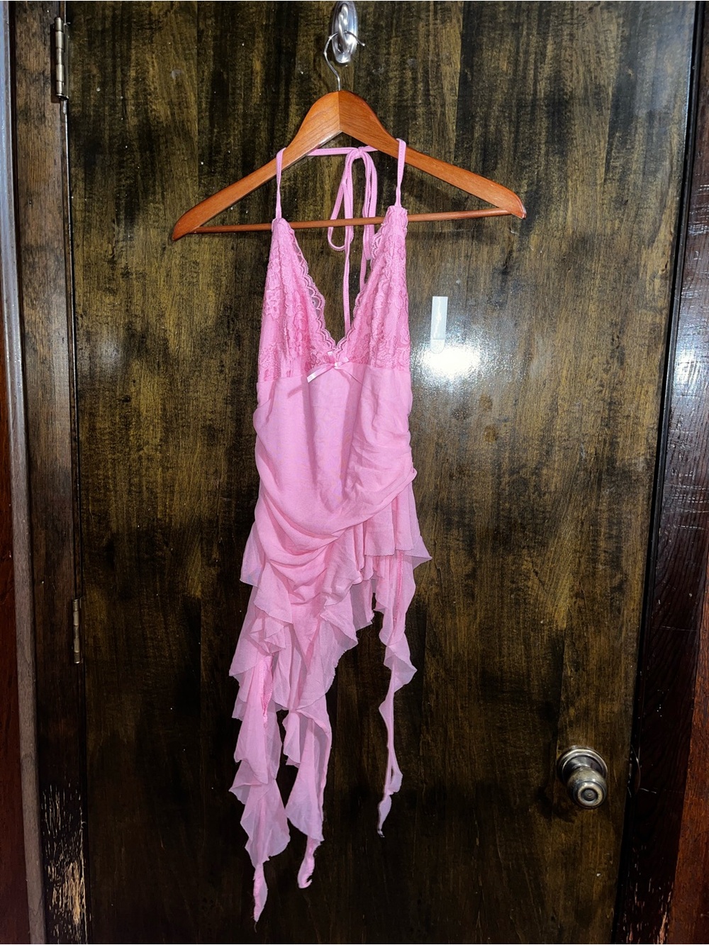 SHEIN Pink Lace Halter Ruffle Asymmetrical Top